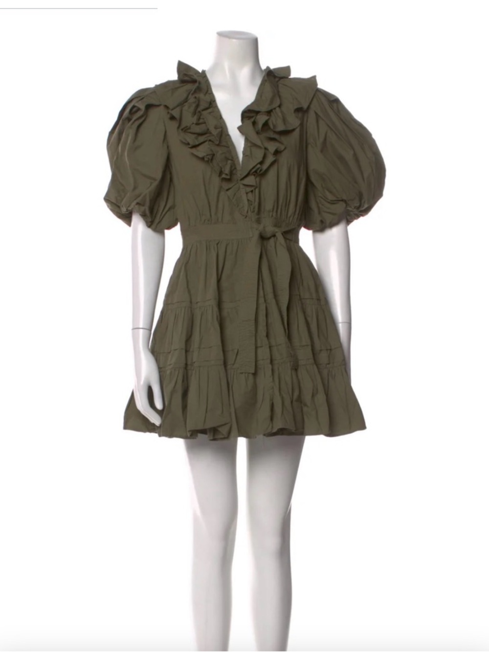 Love the label Remy Olive Green Ruffle Short Dress with Puff Sleeves